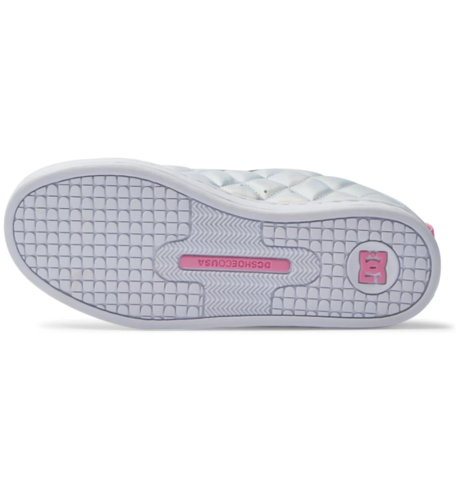 DC Shoes Women's Graffik SE Court Sneakers in White, Metallic Silver & Pink
